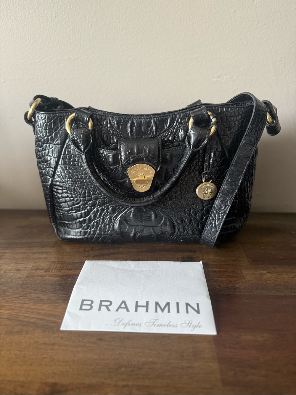 BRAHMIN Claudia Black Melbourne Embossed Leather Satchel Purse Bag Gold Accents